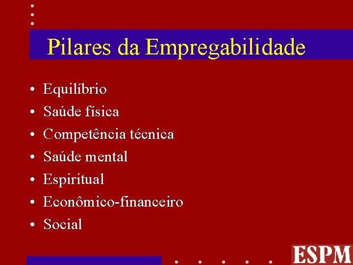 Pilares da Empregabilidade • • Equilíbrio Saúde física Competência técnica Saúde mental Espiritual Econômico-financeiro