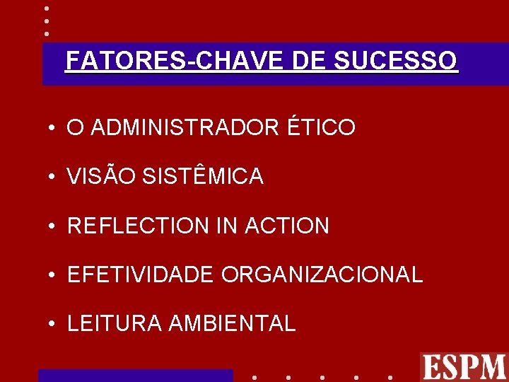 FATORES-CHAVE DE SUCESSO • O ADMINISTRADOR ÉTICO • VISÃO SISTÊMICA • REFLECTION IN ACTION