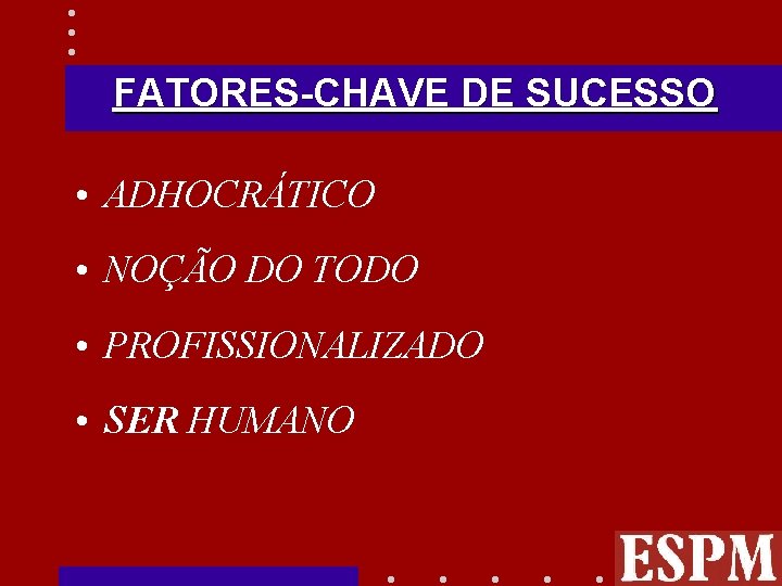 FATORES-CHAVE DE SUCESSO • ADHOCRÁTICO • NOÇÃO DO TODO • PROFISSIONALIZADO • SER HUMANO