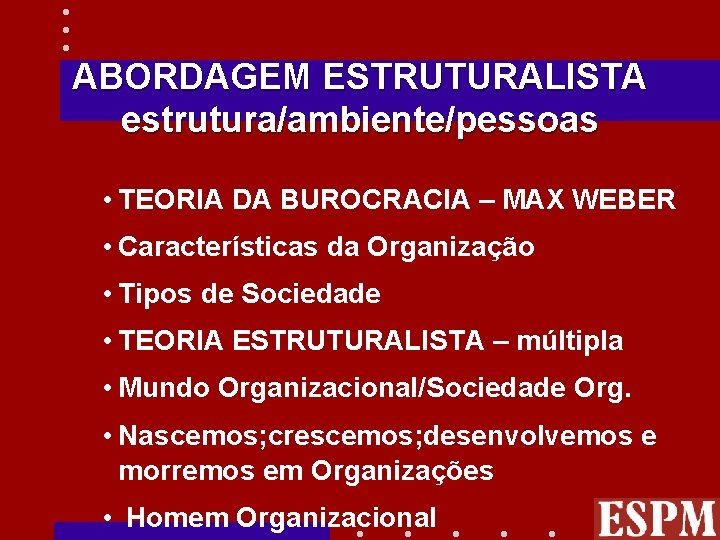 ABORDAGEM ESTRUTURALISTA estrutura/ambiente/pessoas • TEORIA DA BUROCRACIA – MAX WEBER • Características da Organização