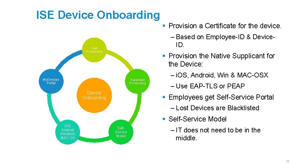 ISE Device Onboarding § Provision a Certificate for the device. ‒ Based on Employee-ID