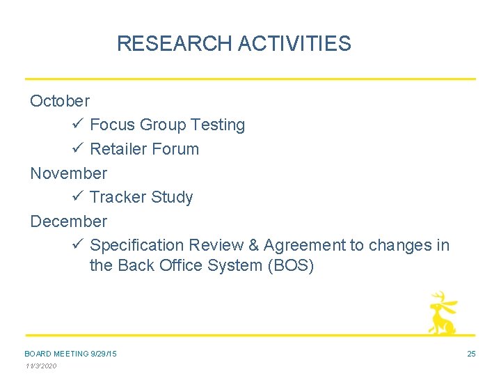 RESEARCH ACTIVITIES October ü Focus Group Testing ü Retailer Forum November ü Tracker Study