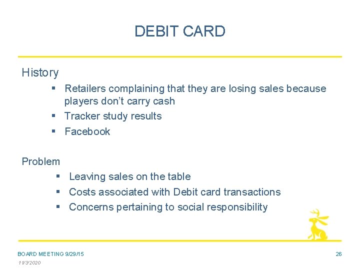 DEBIT CARD History § Retailers complaining that they are losing sales because players don’t
