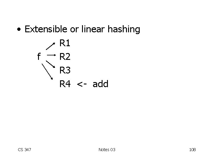  • Extensible or linear hashing R 1 f R 2 R 3 R