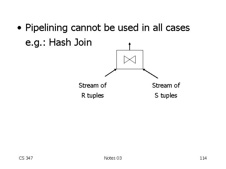  • Pipelining cannot be used in all cases e. g. : Hash Join