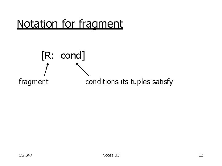 Notation for fragment [R: cond] fragment CS 347 conditions its tuples satisfy Notes 03