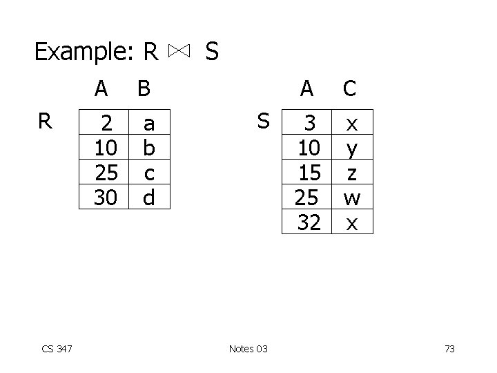 Example: R R CS 347 A B 2 10 25 30 a b c