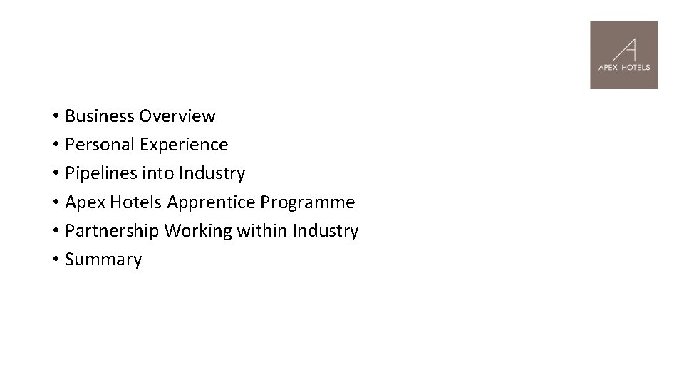  • Business Overview • Personal Experience • Pipelines into Industry • Apex Hotels