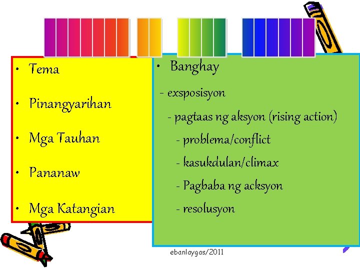  • Tema • Pinangyarihan • Mga Tauhan • Pananaw • Mga Katangian •