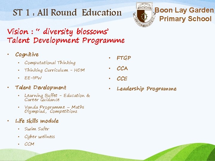 ST 1 : All Round Education Boon Lay Garden Primary School Vision : “