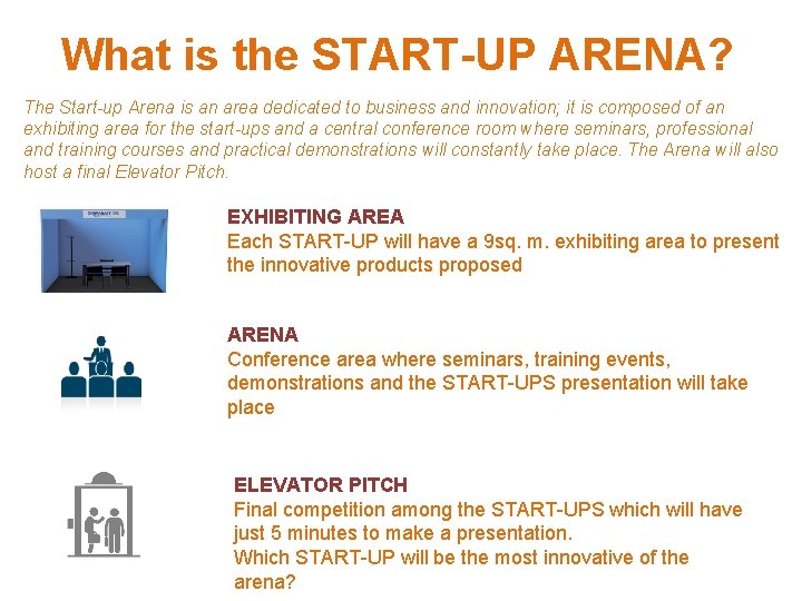 What is the START-UP ARENA? The Start-up Arena is an area dedicated to business