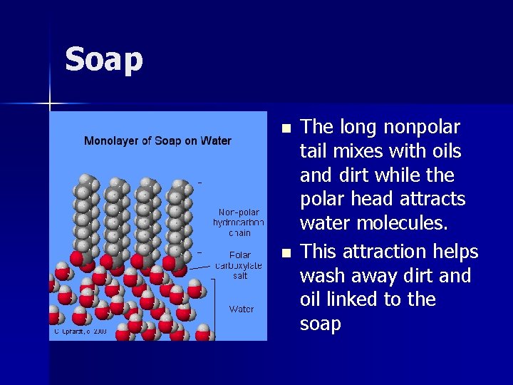 Soap n n The long nonpolar tail mixes with oils and dirt while the