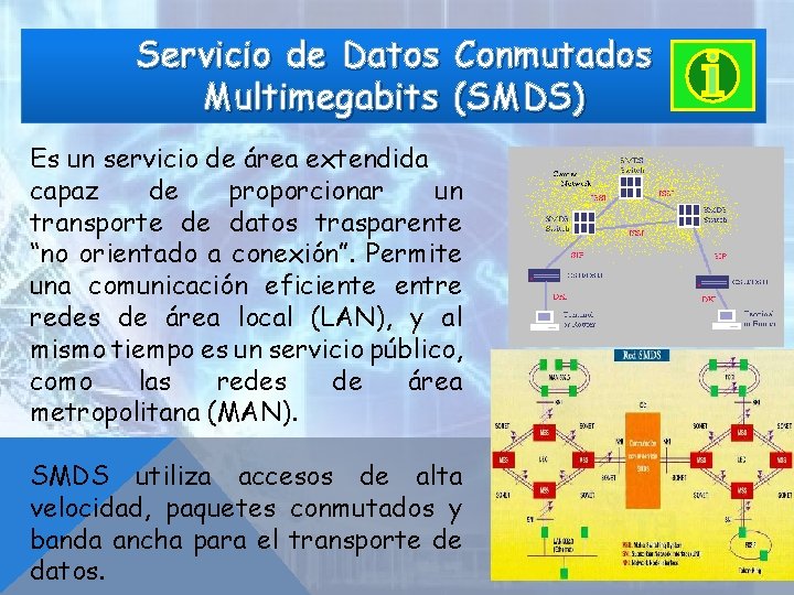 Servicio de Datos Conmutados Multimegabits (SMDS) Es un servicio de área extendida capaz de