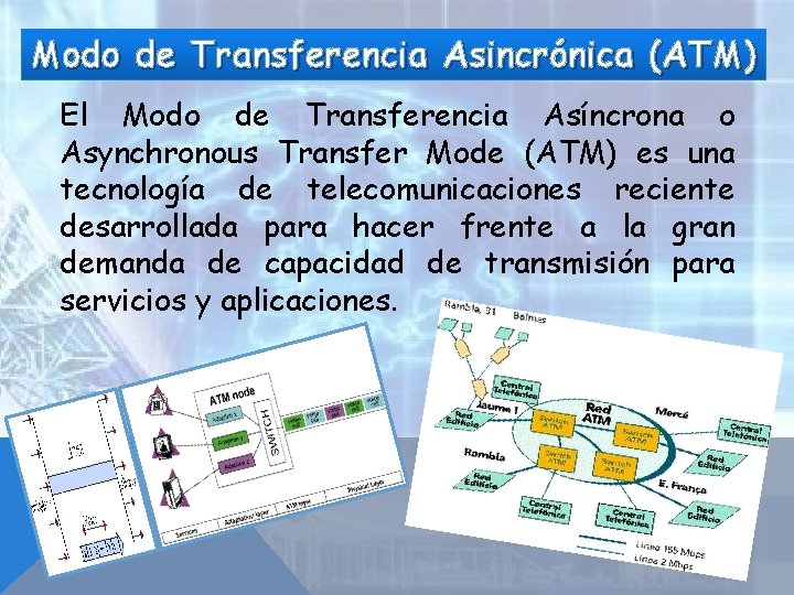 Modo de Transferencia Asincrónica (ATM) El Modo de Transferencia Asíncrona o Asynchronous Transfer Mode