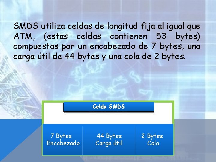 SMDS utiliza celdas de longitud fija al igual que ATM, (estas celdas contienen 53