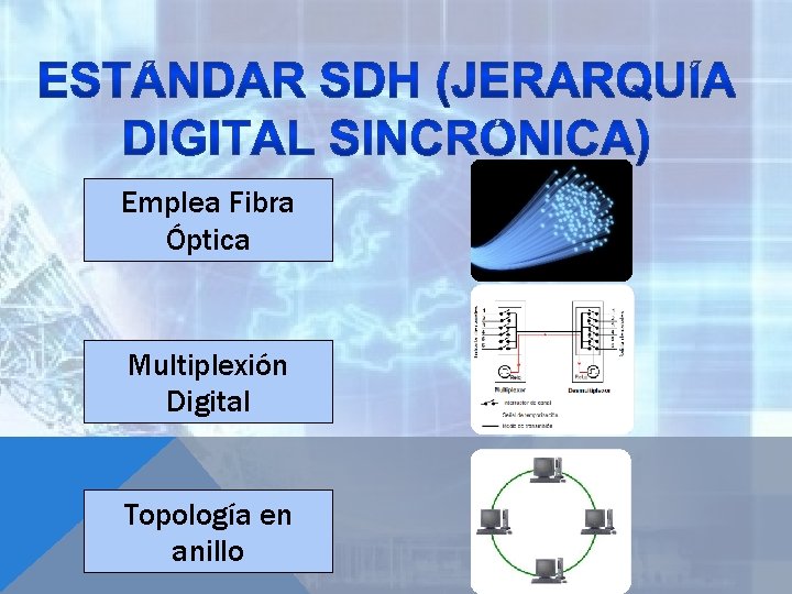 Emplea Fibra Óptica Multiplexión Digital Topología en anillo 