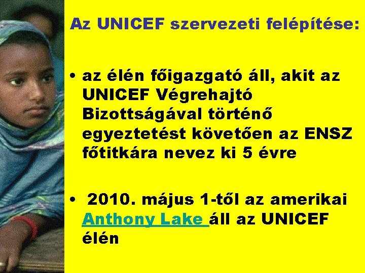 Az UNICEF szervezeti felépítése: • az élén főigazgató áll, akit az UNICEF Végrehajtó Bizottságával