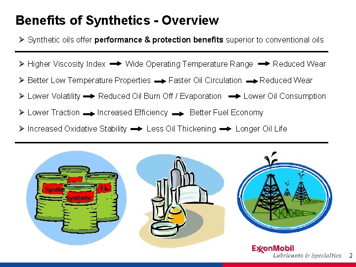 Benefits of Synthetics - Overview Ø Synthetic oils offer performance & protection benefits superior