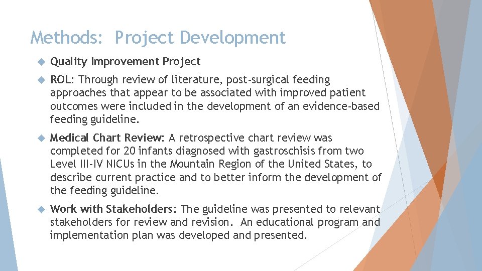 Methods: Project Development Quality Improvement Project ROL: Through review of literature, post-surgical feeding approaches