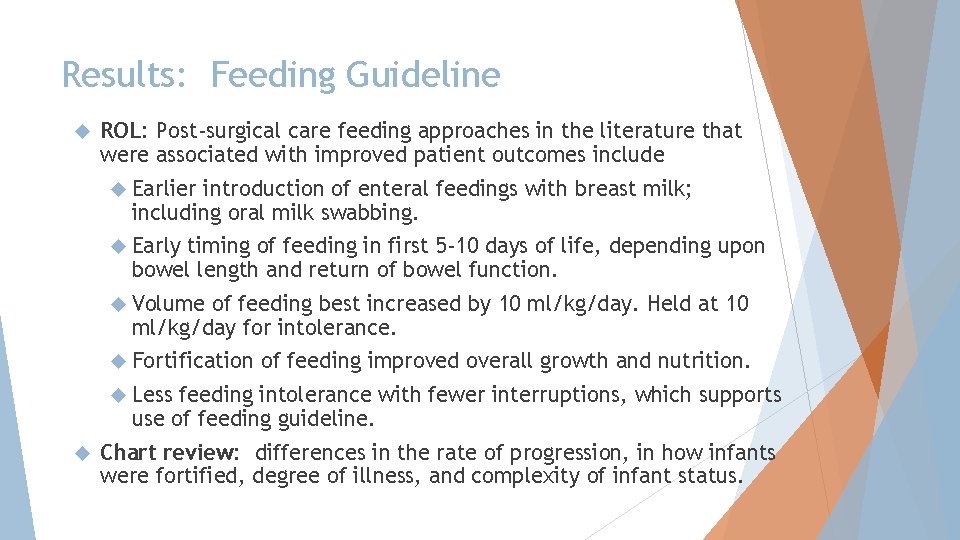Results: Feeding Guideline ROL: Post-surgical care feeding approaches in the literature that were associated