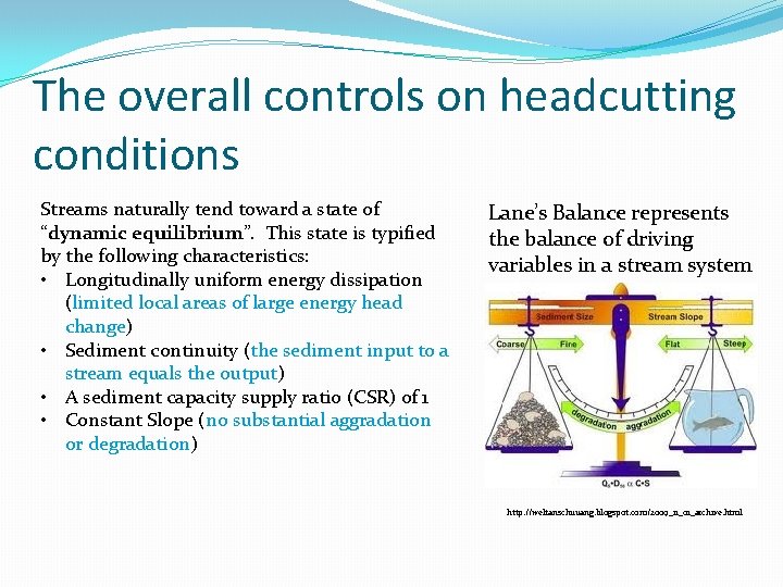 The overall controls on headcutting conditions Streams naturally tend toward a state of “dynamic