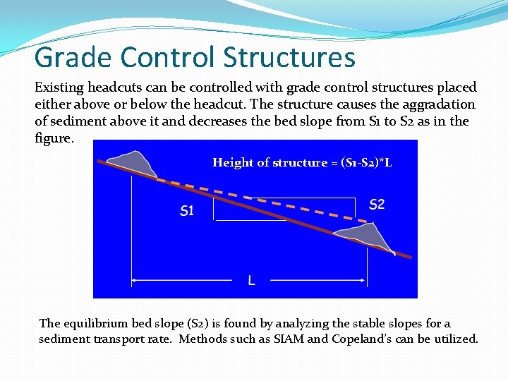 Grade Control Structures Existing headcuts can be controlled with grade control structures placed either