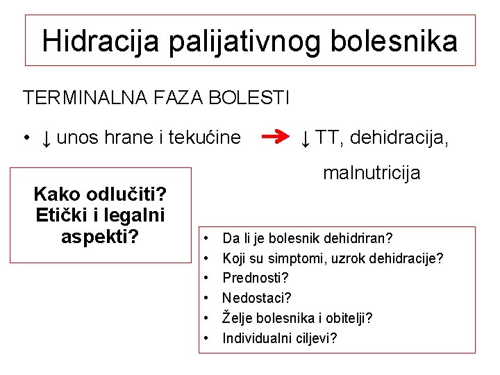 Hidracija palijativnog bolesnika TERMINALNA FAZA BOLESTI • ↓ unos hrane i tekućine ↓ TT,