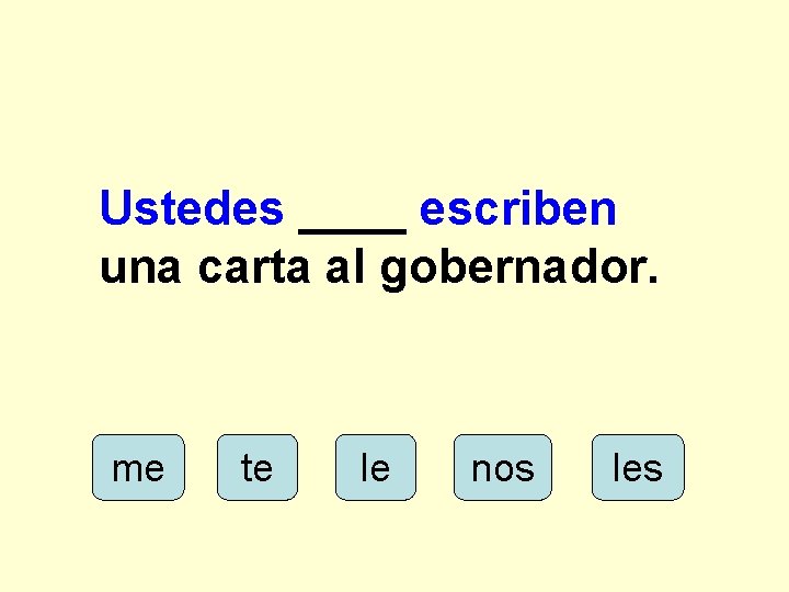 Ustedes ____ escriben una carta al gobernador. me te le nos les 