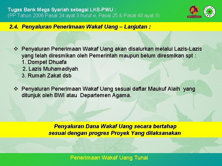 Tugas Bank Mega Syariah sebagai LKS-PWU : (PP Tahun 2006 Pasal 24 ayat 3