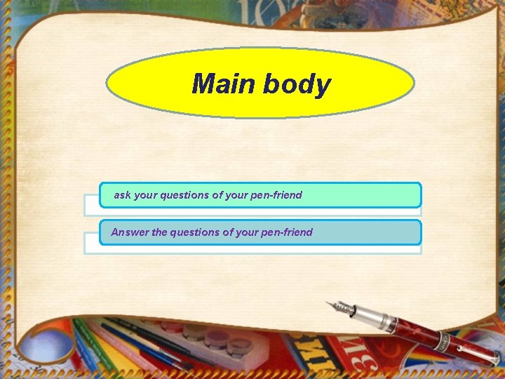 Main body ask your questions of your pen-friend Answer the questions of your pen-friend