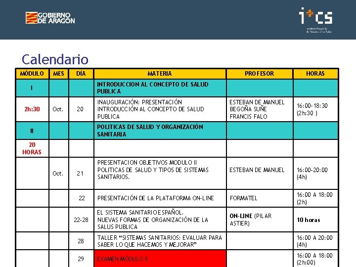 Calendario MÓDULO I 2 h: 30 II MES Oct. DÍA MATERIA PROFESOR HORAS INTRODUCCION