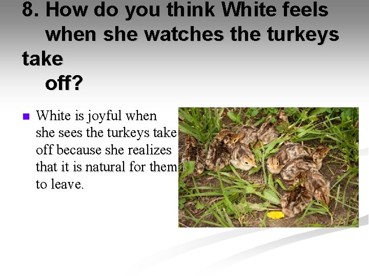 8. How do you think White feels when she watches the turkeys take off?