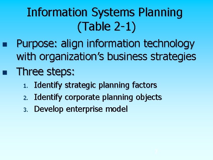 Information Systems Planning (Table 2 -1) n n Purpose: align information technology with organization’s