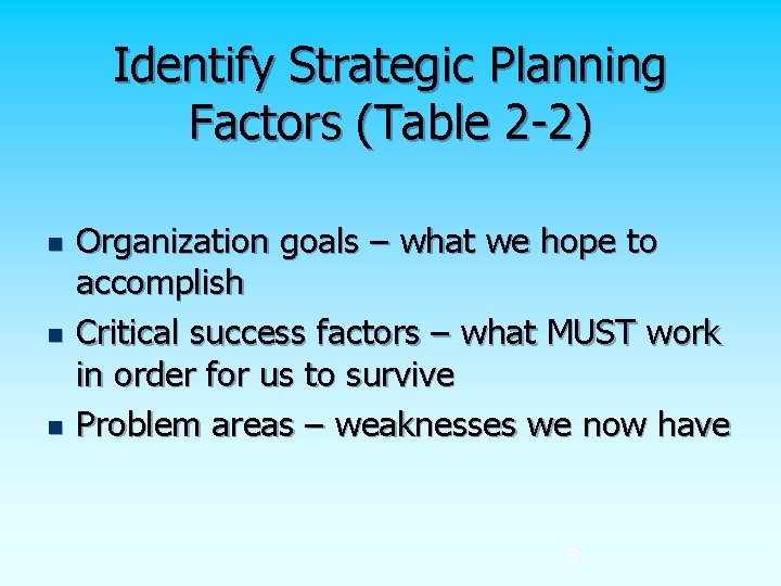 Identify Strategic Planning Factors (Table 2 -2) n n n Organization goals – what