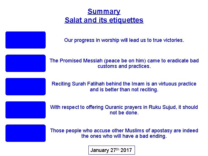 Summary Salat and its etiquettes Our progress in worship will lead us to true