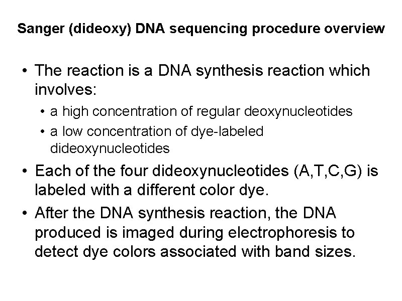 Sanger (dideoxy) DNA sequencing procedure overview • The reaction is a DNA synthesis reaction