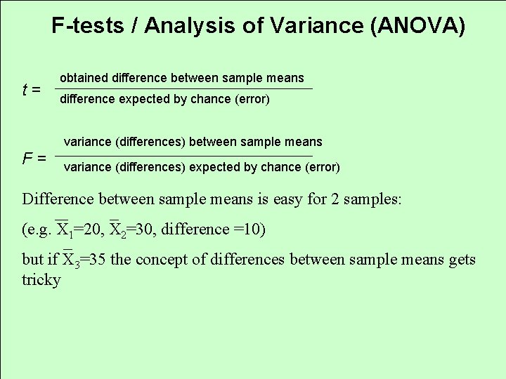 F-tests / Analysis of Variance (ANOVA) t= obtained difference between sample means difference expected