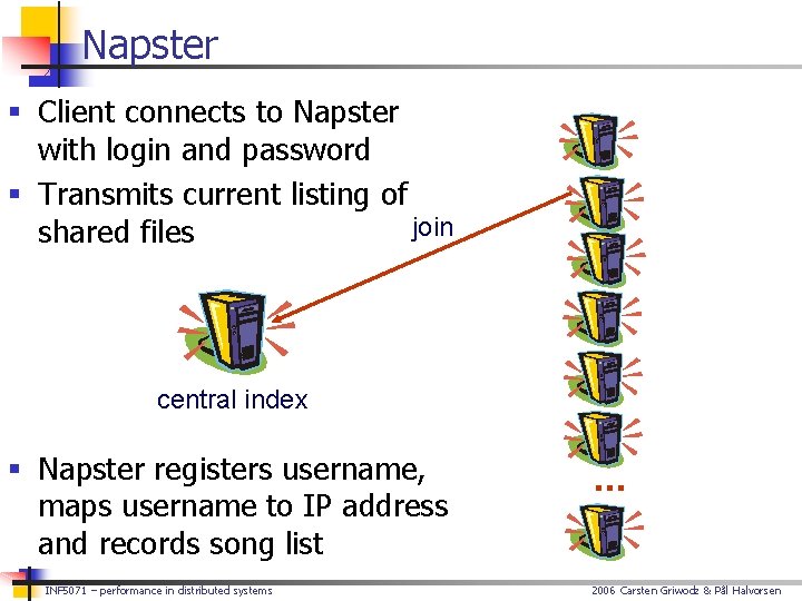 Napster § Client connects to Napster with login and password § Transmits current listing