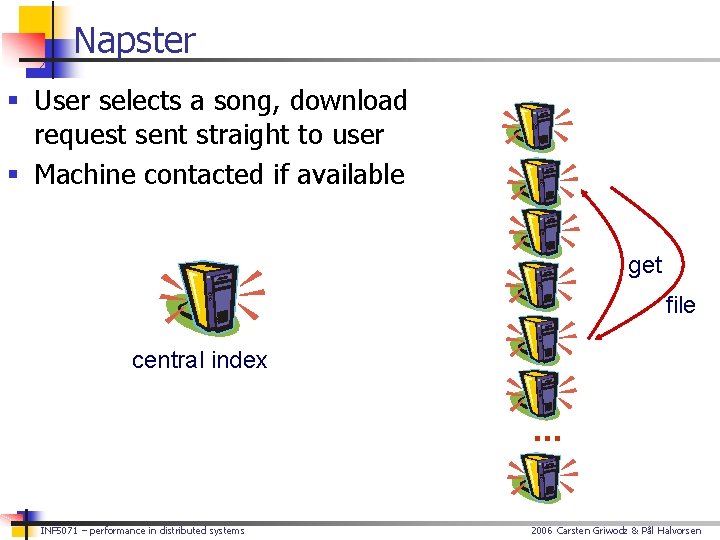 Napster § User selects a song, download request sent straight to user § Machine