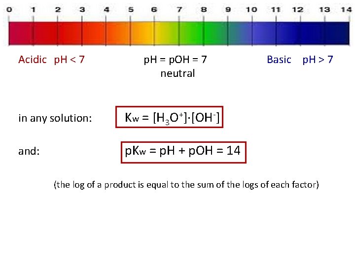 Acidic p. H < 7 p. H = p. OH = 7 neutral in