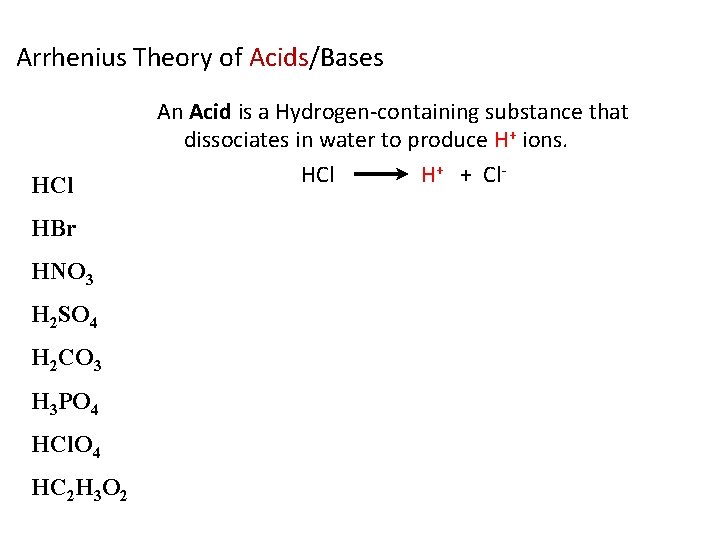 Arrhenius Theory of Acids/Bases HCl HBr HNO 3 H 2 SO 4 H 2