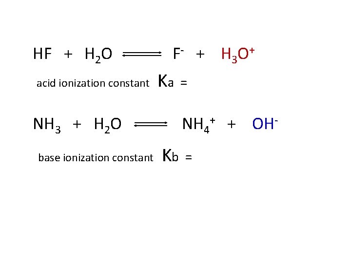 HF + H 2 O acid ionization constant F - + H 3 O