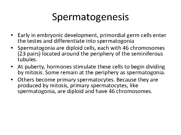 Spermatogenesis • Early in embryonic development, primordial germ cells enter the testes and differentiate