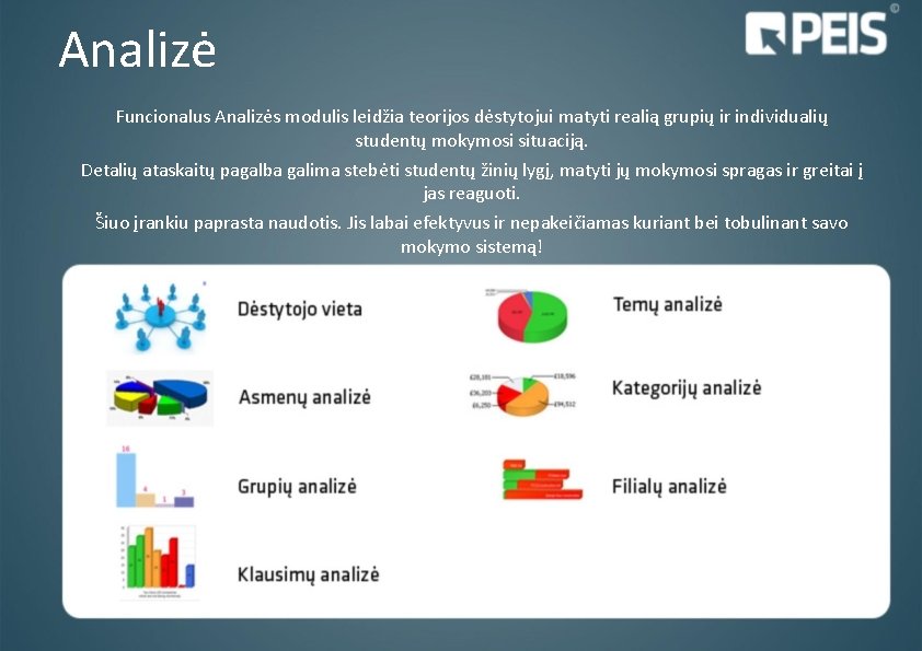 Analizė Funcionalus Analizės modulis leidžia teorijos dėstytojui matyti realią grupių ir individualių studentų mokymosi