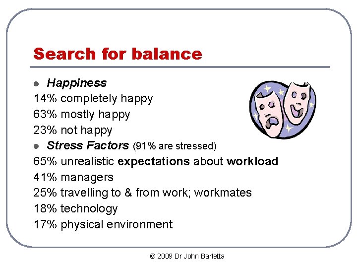 Search for balance Happiness 14% completely happy 63% mostly happy 23% not happy l