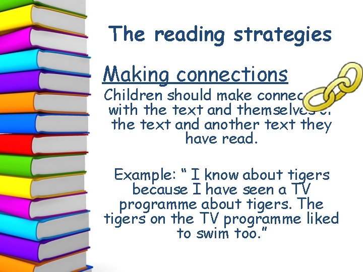 The reading strategies Making connections Children should make connections with the text and themselves