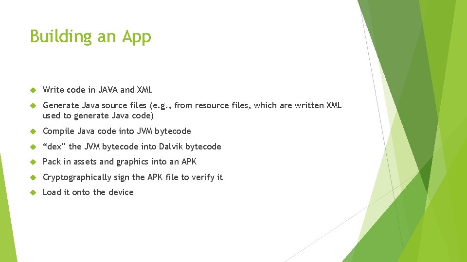 Building an App Write code in JAVA and XML Generate Java source files (e.