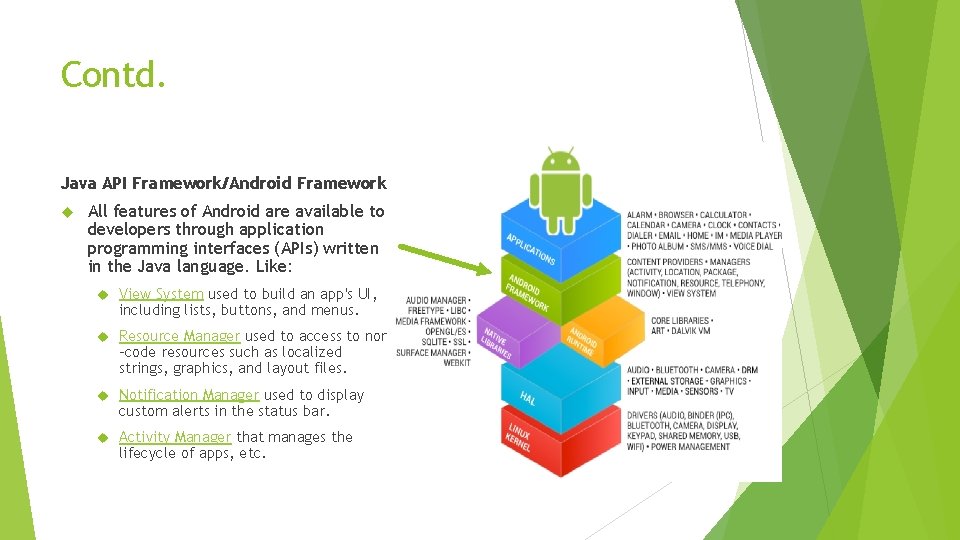 Contd. Java API Framework/Android Framework All features of Android are available to developers through