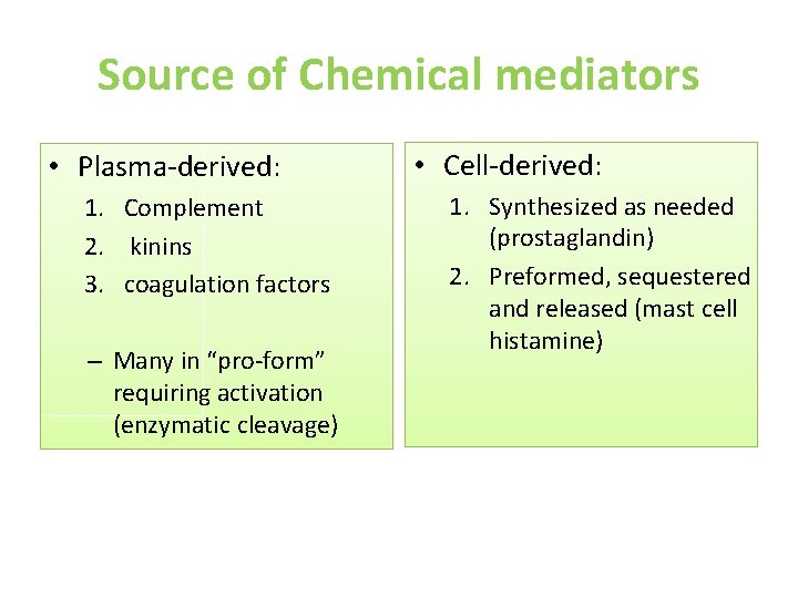 Source of Chemical mediators • Plasma-derived: 1. Complement 2. kinins 3. coagulation factors –