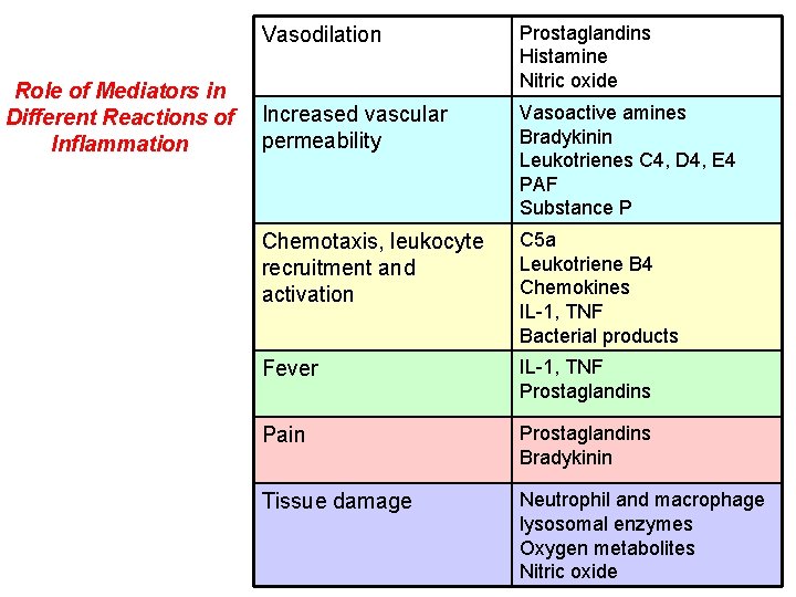 Role of Mediators in Different Reactions of Inflammation Vasodilation Prostaglandins Histamine Nitric oxide Increased